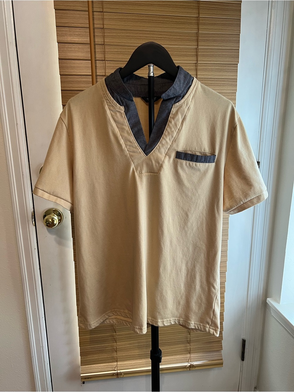 Men's Beige Short-Sleeve Polo with Contrast blue/gray Trim